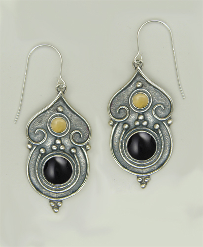 Sterling Silver Gothic Inspired Drop Dangle Earrings With Black Onyx And Yellow Jade